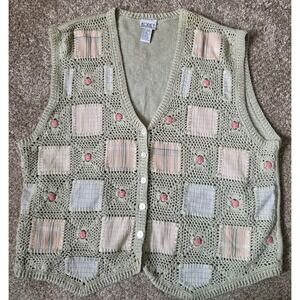 Koret Francisca Sage Green Crochet Patchwork Floral Knit Vest Plus Size 2X Read!